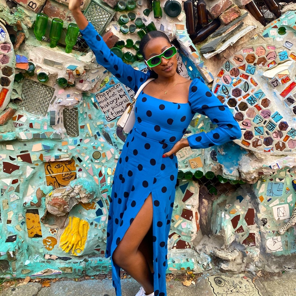 Reformation Sigmund Blue Polka Dot Midi Dress